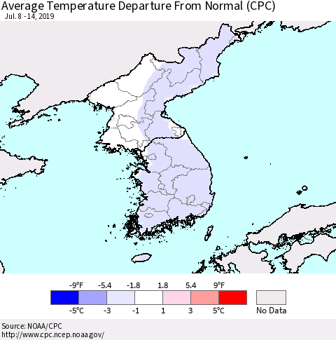 Korea Average Temperature Departure from Normal (CPC) Thematic Map For 7/8/2019 - 7/14/2019
