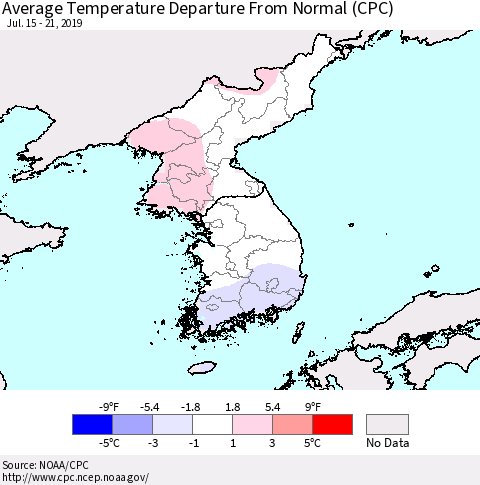 Korea Average Temperature Departure from Normal (CPC) Thematic Map For 7/15/2019 - 7/21/2019