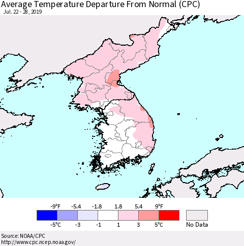Korea Average Temperature Departure from Normal (CPC) Thematic Map For 7/22/2019 - 7/28/2019