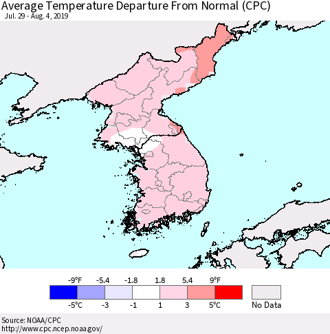 Korea Average Temperature Departure from Normal (CPC) Thematic Map For 7/29/2019 - 8/4/2019