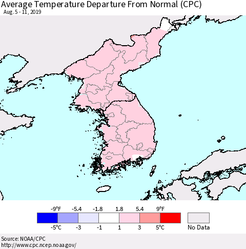 Korea Average Temperature Departure from Normal (CPC) Thematic Map For 8/5/2019 - 8/11/2019