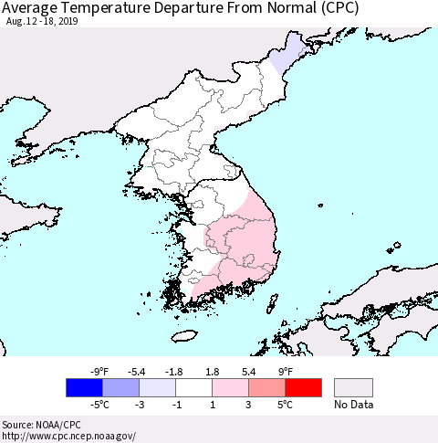 Korea Average Temperature Departure from Normal (CPC) Thematic Map For 8/12/2019 - 8/18/2019