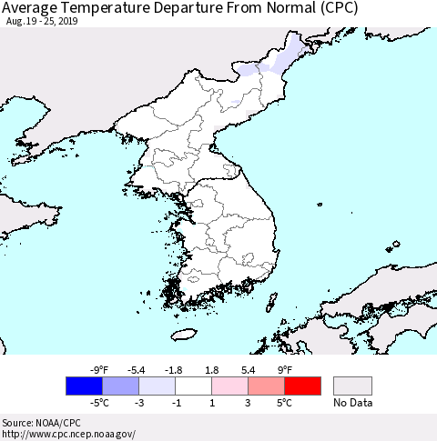 Korea Average Temperature Departure from Normal (CPC) Thematic Map For 8/19/2019 - 8/25/2019