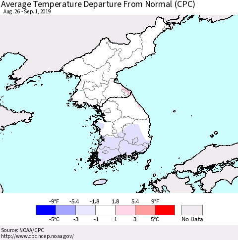 Korea Average Temperature Departure from Normal (CPC) Thematic Map For 8/26/2019 - 9/1/2019