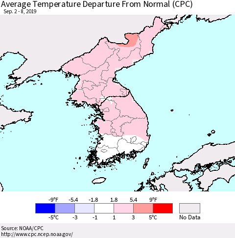 Korea Average Temperature Departure from Normal (CPC) Thematic Map For 9/2/2019 - 9/8/2019