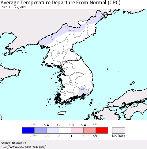 Korea Average Temperature Departure from Normal (CPC) Thematic Map For 9/16/2019 - 9/22/2019