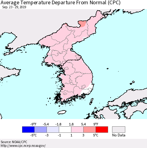 Korea Average Temperature Departure from Normal (CPC) Thematic Map For 9/23/2019 - 9/29/2019