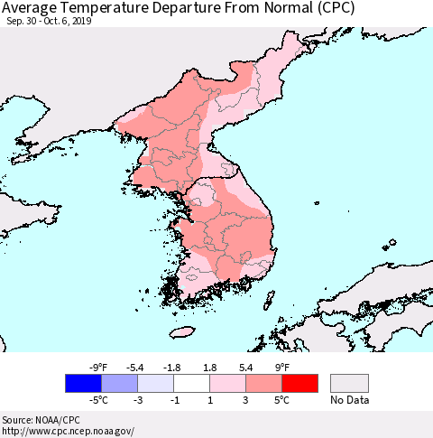 Korea Average Temperature Departure from Normal (CPC) Thematic Map For 9/30/2019 - 10/6/2019