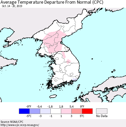 Korea Average Temperature Departure from Normal (CPC) Thematic Map For 10/14/2019 - 10/20/2019
