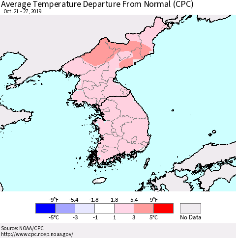 Korea Average Temperature Departure from Normal (CPC) Thematic Map For 10/21/2019 - 10/27/2019