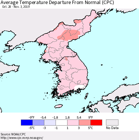 Korea Average Temperature Departure from Normal (CPC) Thematic Map For 10/28/2019 - 11/3/2019