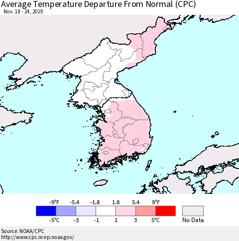 Korea Average Temperature Departure from Normal (CPC) Thematic Map For 11/18/2019 - 11/24/2019