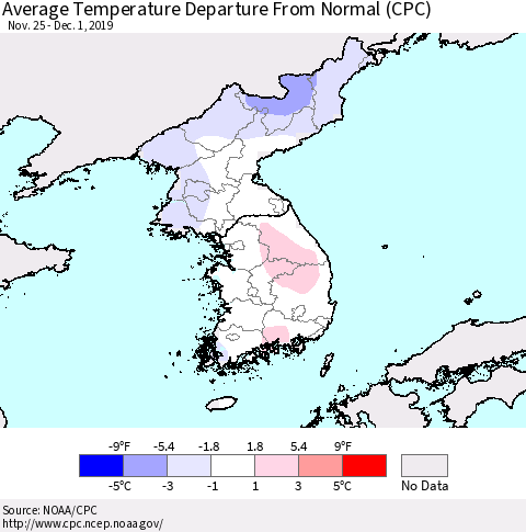 Korea Average Temperature Departure from Normal (CPC) Thematic Map For 11/25/2019 - 12/1/2019