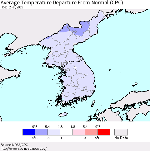 Korea Average Temperature Departure from Normal (CPC) Thematic Map For 12/2/2019 - 12/8/2019