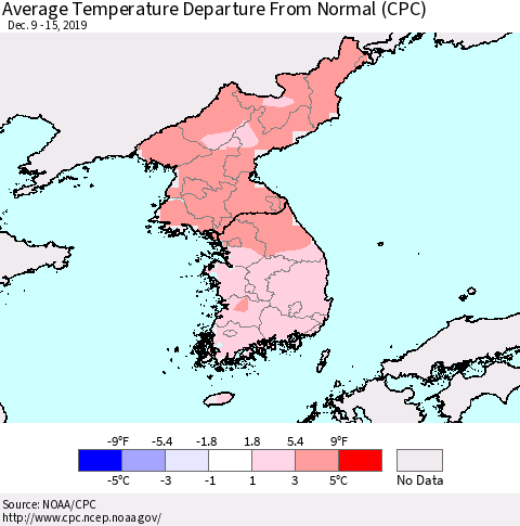 Korea Average Temperature Departure from Normal (CPC) Thematic Map For 12/9/2019 - 12/15/2019