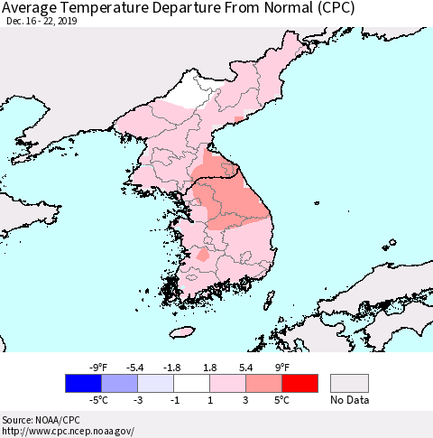 Korea Average Temperature Departure from Normal (CPC) Thematic Map For 12/16/2019 - 12/22/2019