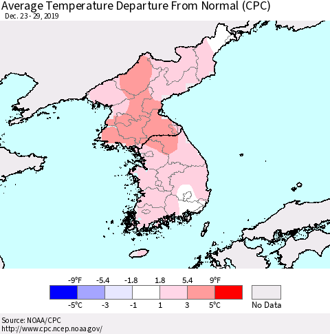 Korea Average Temperature Departure from Normal (CPC) Thematic Map For 12/23/2019 - 12/29/2019
