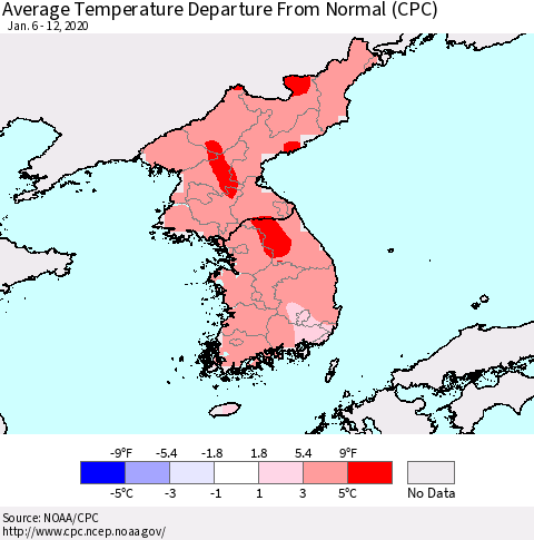 Korea Average Temperature Departure from Normal (CPC) Thematic Map For 1/6/2020 - 1/12/2020