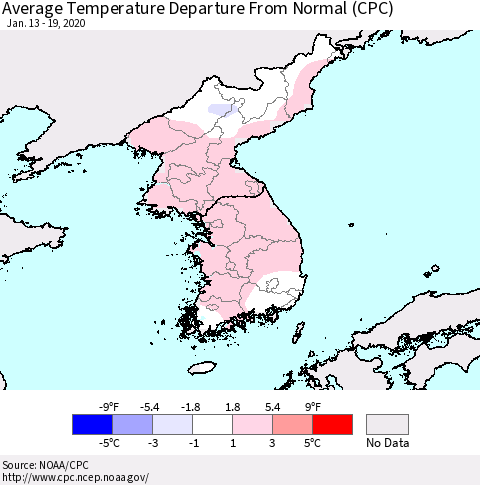 Korea Average Temperature Departure from Normal (CPC) Thematic Map For 1/13/2020 - 1/19/2020