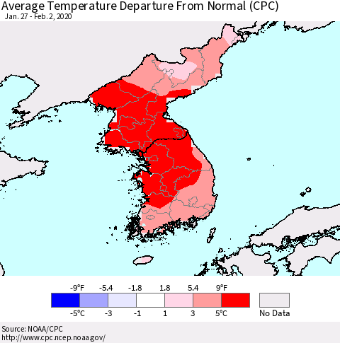 Korea Average Temperature Departure from Normal (CPC) Thematic Map For 1/27/2020 - 2/2/2020