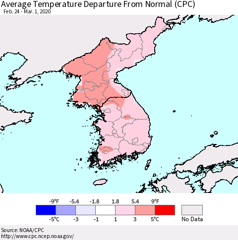 Korea Average Temperature Departure from Normal (CPC) Thematic Map For 2/24/2020 - 3/1/2020