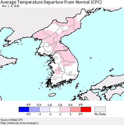 Korea Average Temperature Departure from Normal (CPC) Thematic Map For 3/2/2020 - 3/8/2020