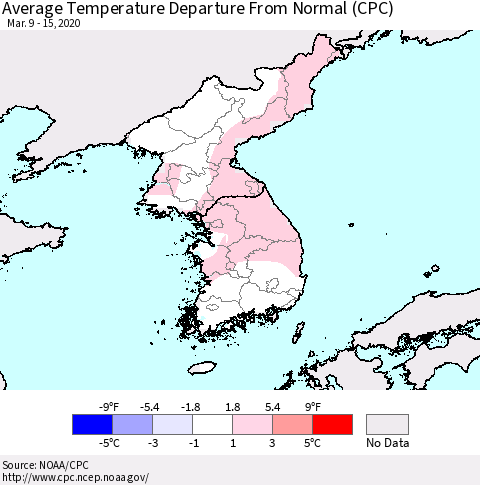 Korea Average Temperature Departure from Normal (CPC) Thematic Map For 3/9/2020 - 3/15/2020