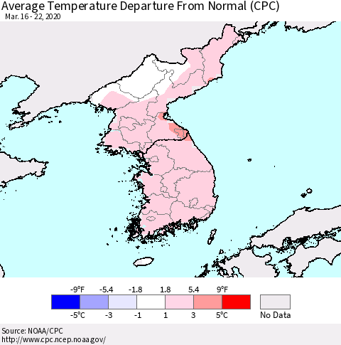 Korea Average Temperature Departure from Normal (CPC) Thematic Map For 3/16/2020 - 3/22/2020