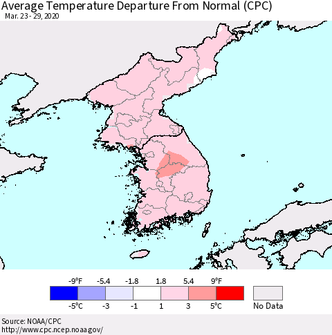 Korea Average Temperature Departure from Normal (CPC) Thematic Map For 3/23/2020 - 3/29/2020