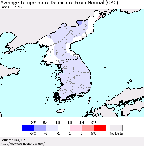 Korea Average Temperature Departure from Normal (CPC) Thematic Map For 4/6/2020 - 4/12/2020