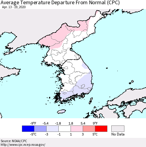 Korea Average Temperature Departure from Normal (CPC) Thematic Map For 4/13/2020 - 4/19/2020