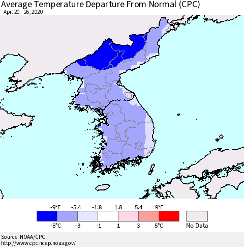 Korea Average Temperature Departure from Normal (CPC) Thematic Map For 4/20/2020 - 4/26/2020