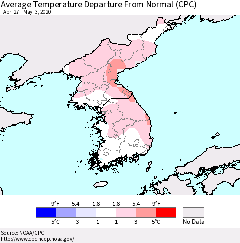 Korea Average Temperature Departure from Normal (CPC) Thematic Map For 4/27/2020 - 5/3/2020