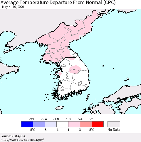 Korea Average Temperature Departure from Normal (CPC) Thematic Map For 5/4/2020 - 5/10/2020