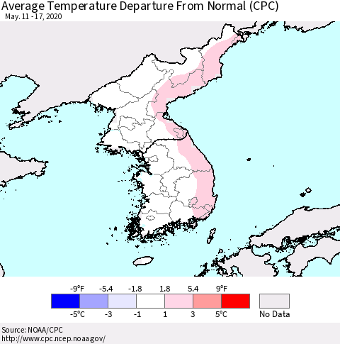 Korea Average Temperature Departure from Normal (CPC) Thematic Map For 5/11/2020 - 5/17/2020