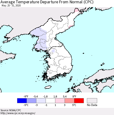 Korea Average Temperature Departure from Normal (CPC) Thematic Map For 5/25/2020 - 5/31/2020