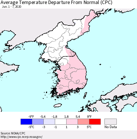 Korea Average Temperature Departure from Normal (CPC) Thematic Map For 6/1/2020 - 6/7/2020