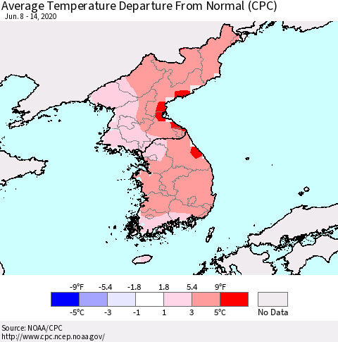 Korea Average Temperature Departure from Normal (CPC) Thematic Map For 6/8/2020 - 6/14/2020