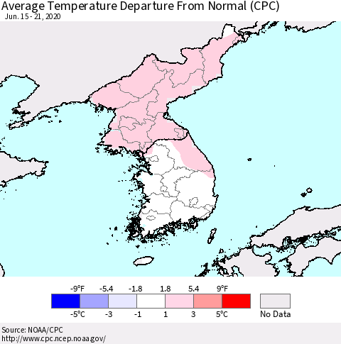 Korea Average Temperature Departure from Normal (CPC) Thematic Map For 6/15/2020 - 6/21/2020