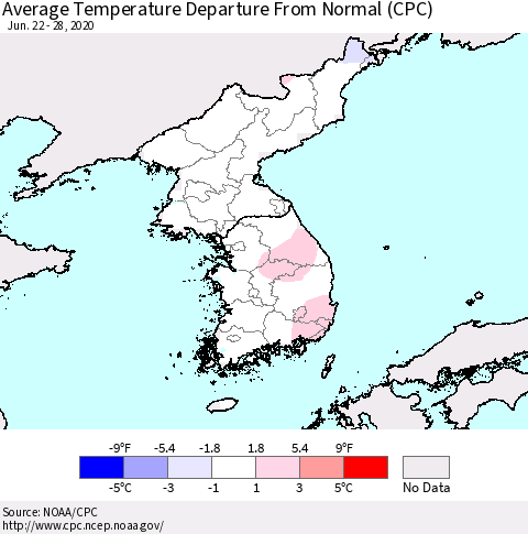 Korea Average Temperature Departure from Normal (CPC) Thematic Map For 6/22/2020 - 6/28/2020