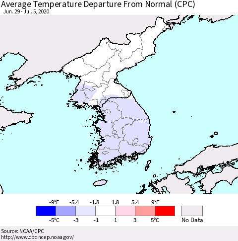 Korea Average Temperature Departure from Normal (CPC) Thematic Map For 6/29/2020 - 7/5/2020