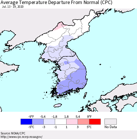Korea Average Temperature Departure from Normal (CPC) Thematic Map For 7/13/2020 - 7/19/2020