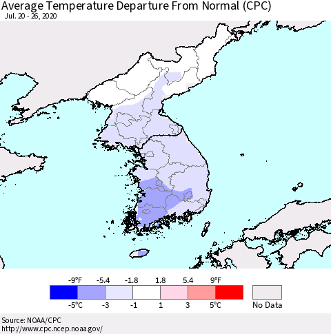 Korea Average Temperature Departure from Normal (CPC) Thematic Map For 7/20/2020 - 7/26/2020