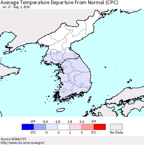 Korea Average Temperature Departure from Normal (CPC) Thematic Map For 7/27/2020 - 8/2/2020