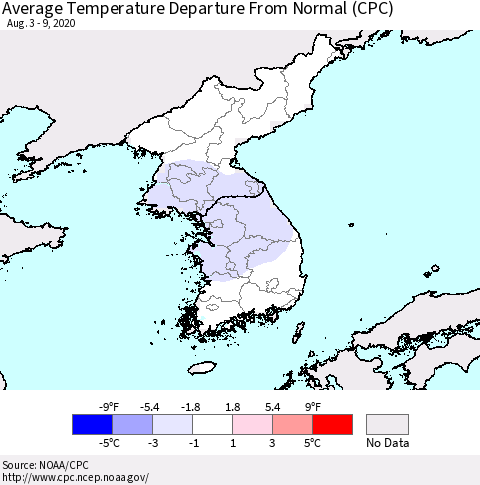 Korea Average Temperature Departure from Normal (CPC) Thematic Map For 8/3/2020 - 8/9/2020