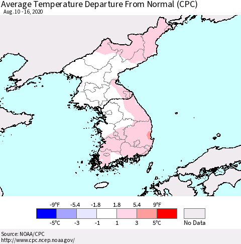 Korea Average Temperature Departure from Normal (CPC) Thematic Map For 8/10/2020 - 8/16/2020