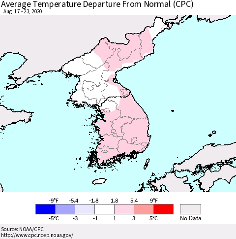 Korea Average Temperature Departure from Normal (CPC) Thematic Map For 8/17/2020 - 8/23/2020