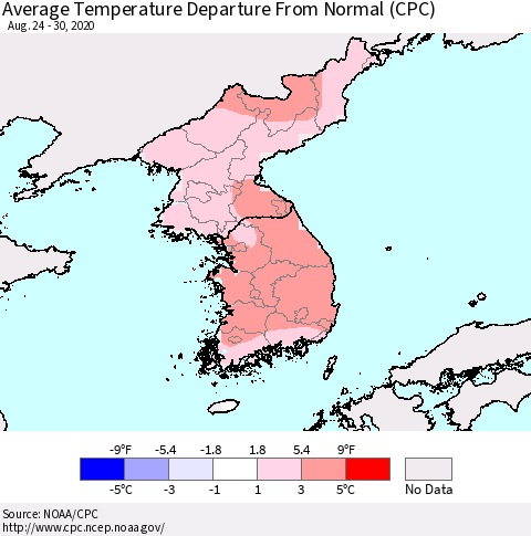 Korea Average Temperature Departure from Normal (CPC) Thematic Map For 8/24/2020 - 8/30/2020
