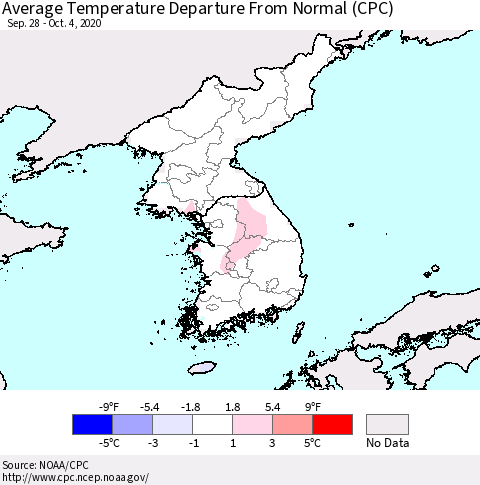 Korea Average Temperature Departure from Normal (CPC) Thematic Map For 9/28/2020 - 10/4/2020