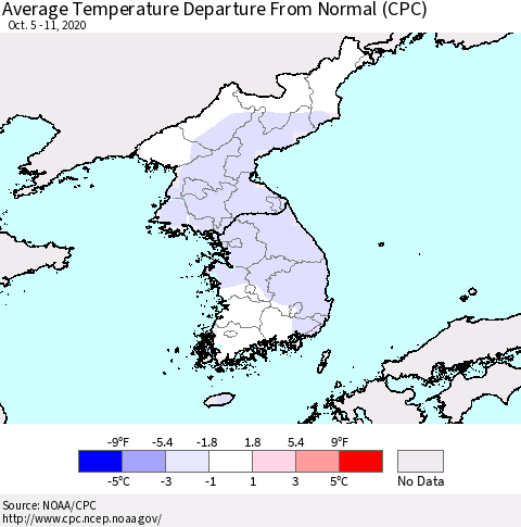 Korea Average Temperature Departure from Normal (CPC) Thematic Map For 10/5/2020 - 10/11/2020